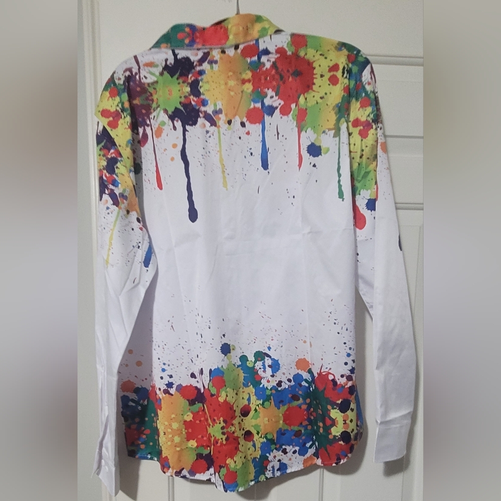 White Multicolor Paint-Splatter Casual Button-Down Shirt